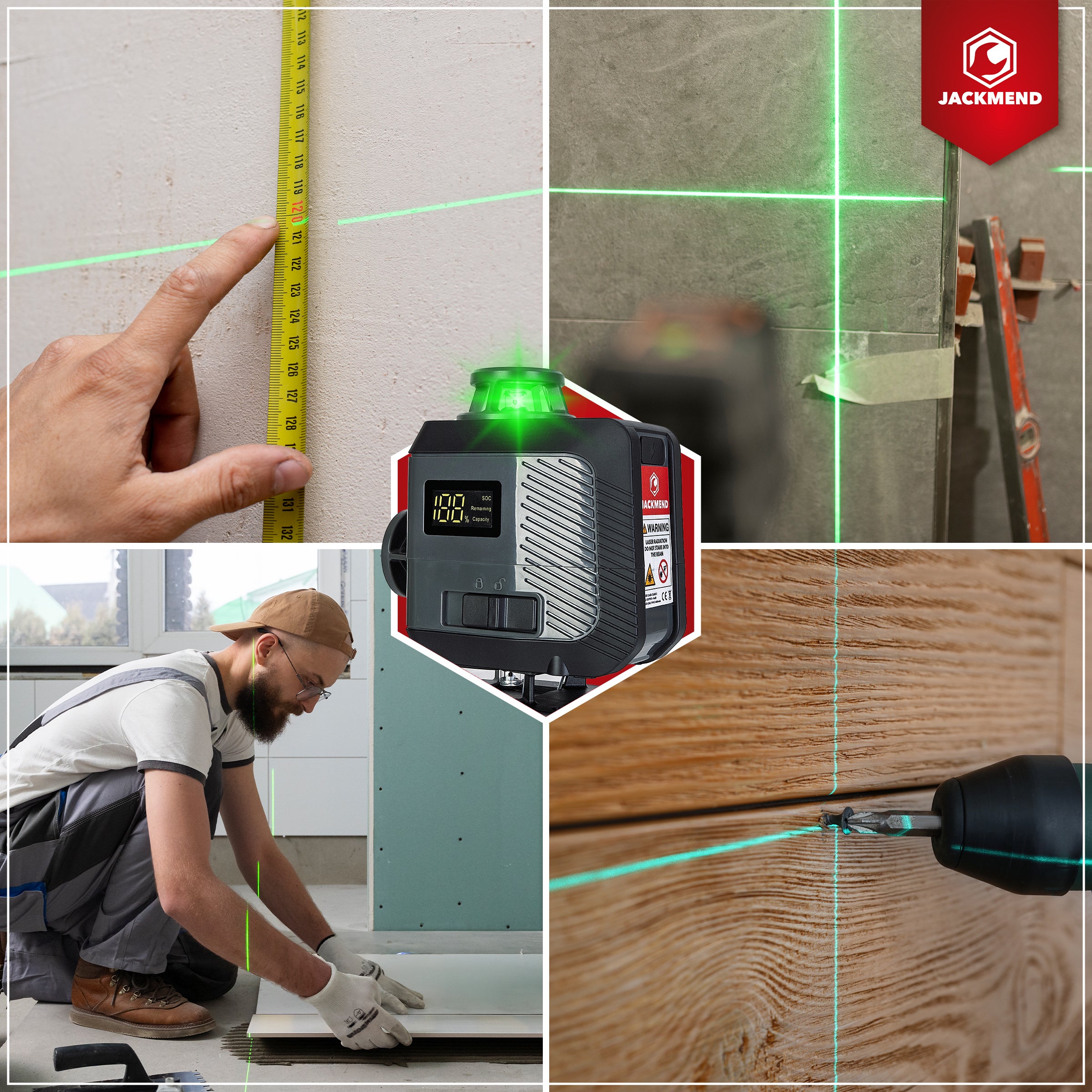 JACKMEND 4D Kreuzlinienlaser USB-C Wiederaufladbar Digitales Display - 50 Meter Messbereich - 16 Linien