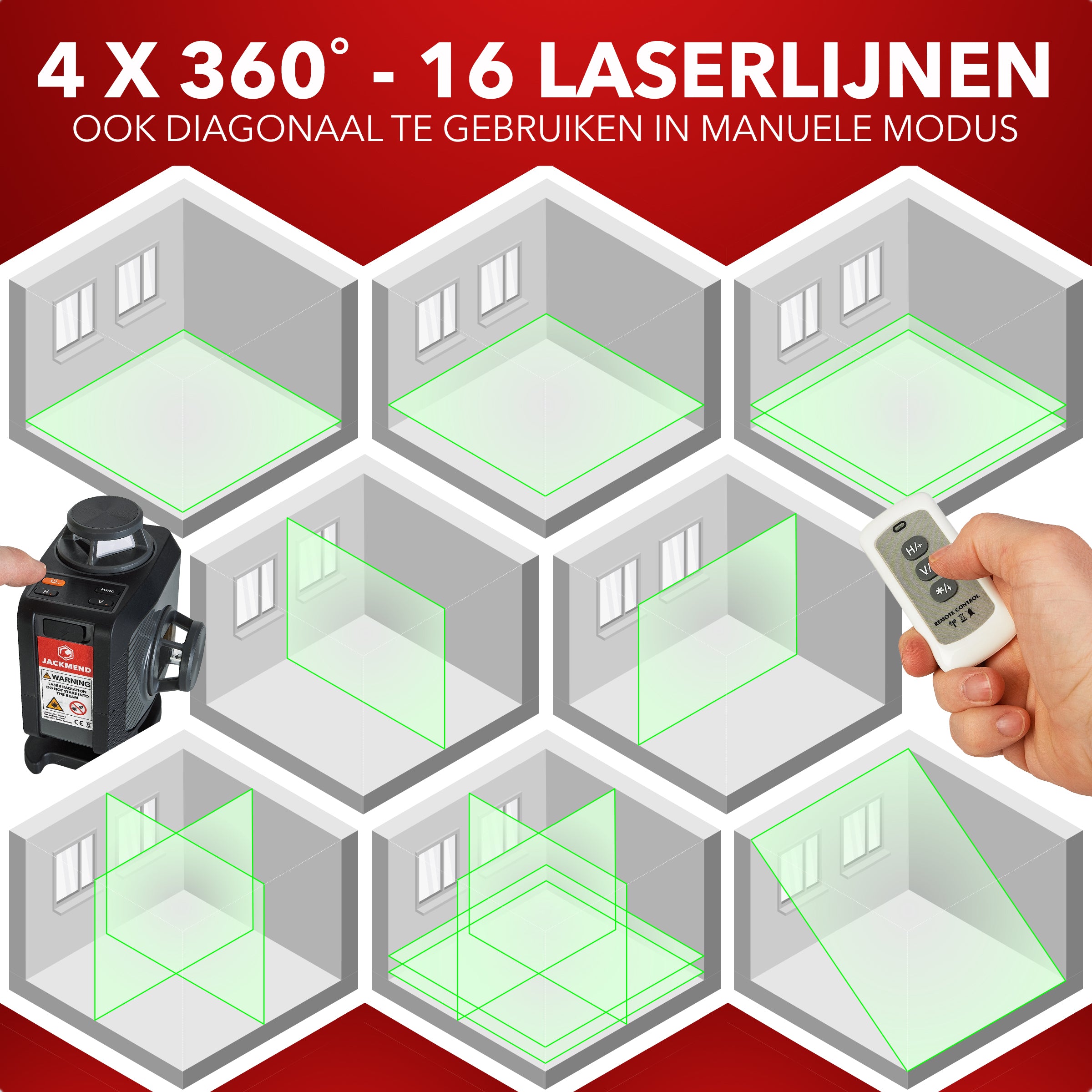 JACKMEND 4D Kreuzlinienlaser USB-C Wiederaufladbar Digitales Display - 50 Meter Messbereich - 16 Linien