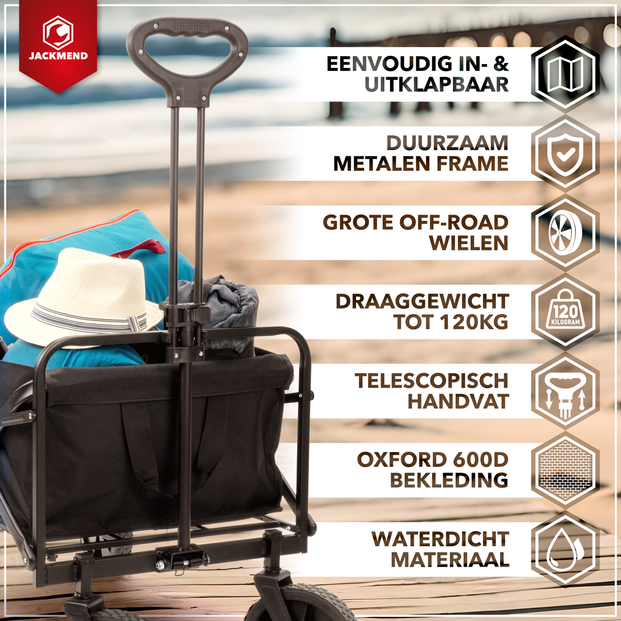 JACKMEND Faltbarer Bollerwagen Bis 120kg Tragfähigkeit - 83x47x60cm - Inhalt 120L