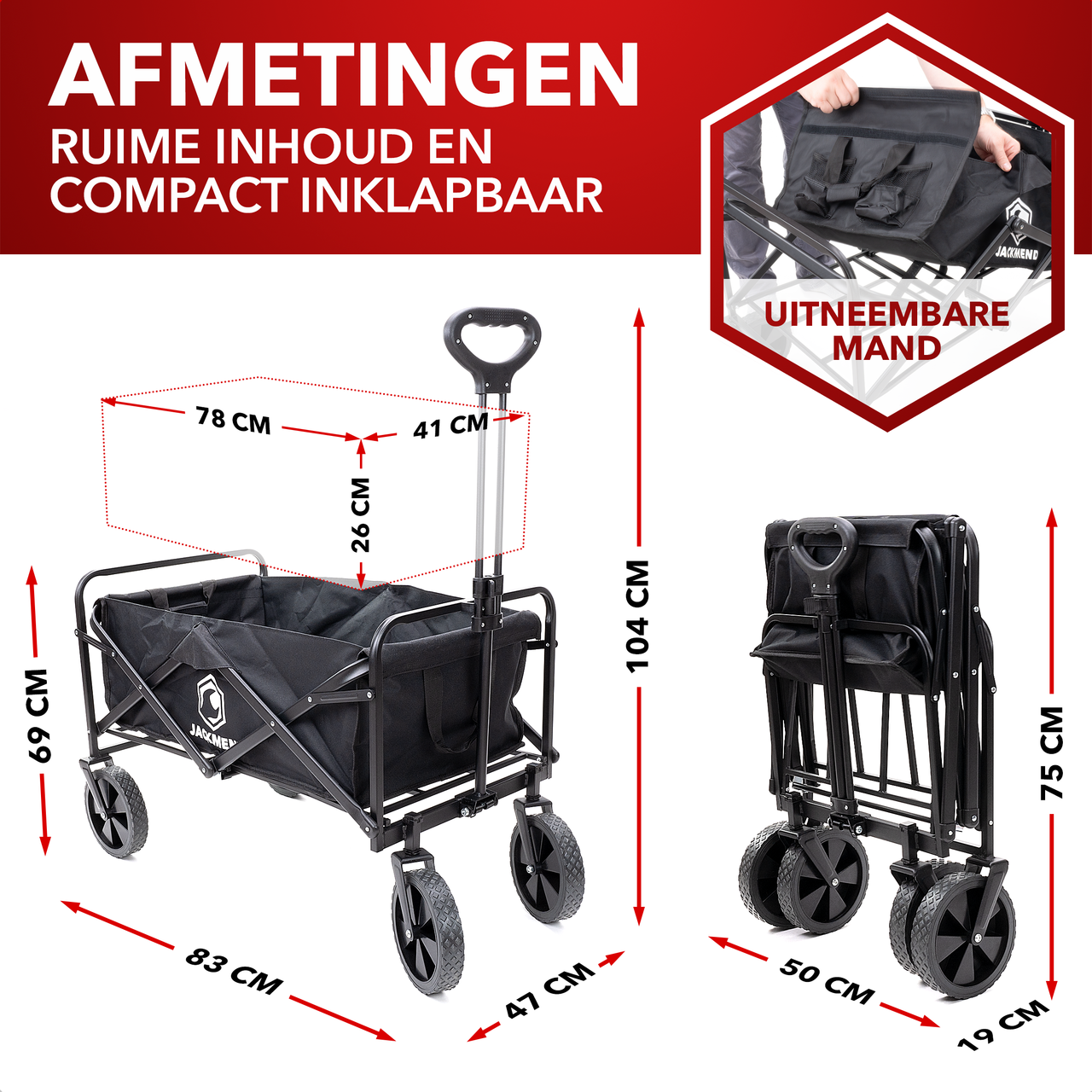 JACKMEND Faltbarer Bollerwagen Bis 120kg Tragfähigkeit - 83x47x60cm - Inhalt 120L