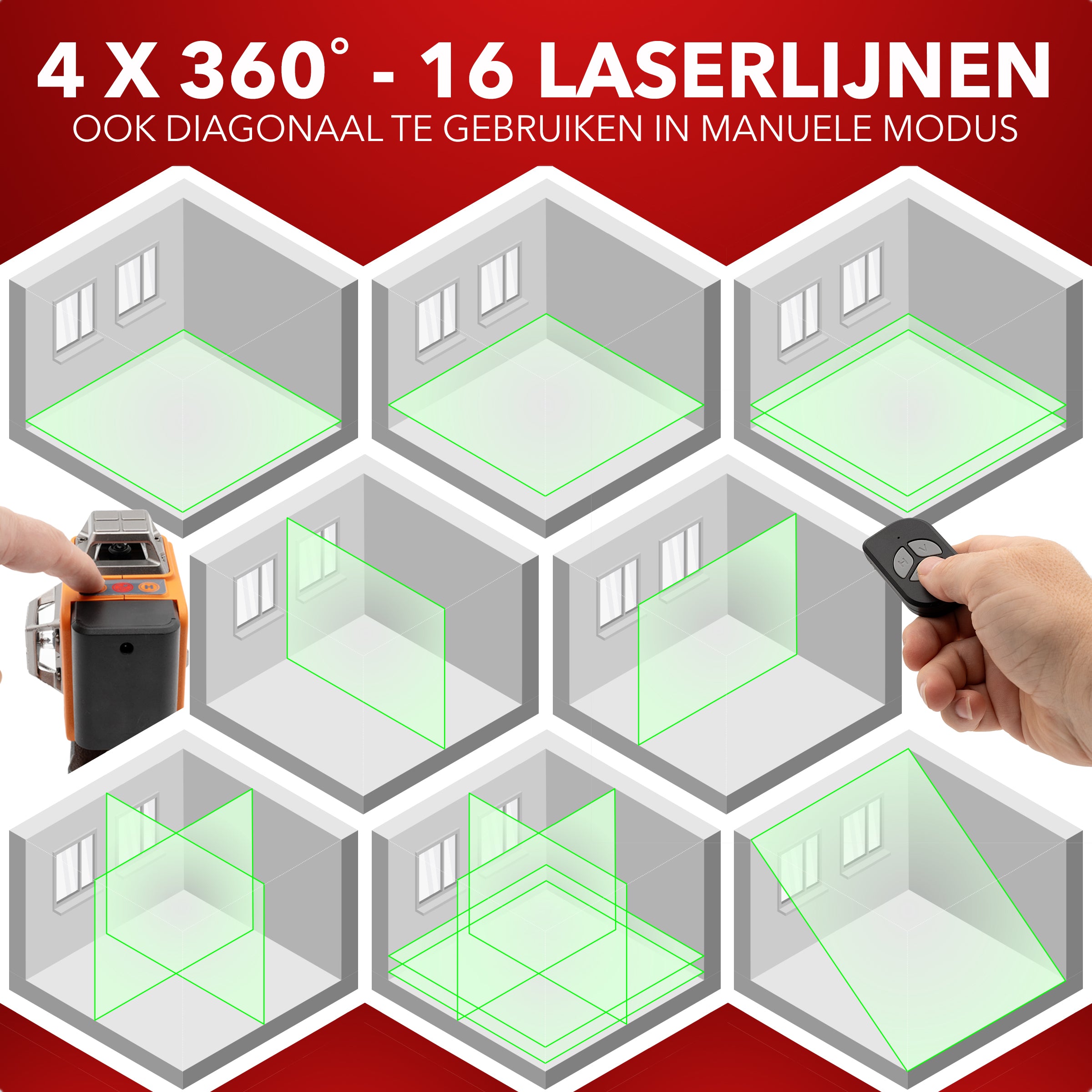 JACKMEND 4D Kreuzlinienlaser 4 bis 16 Linien - 50 Meter Messbereich - 360 Grad