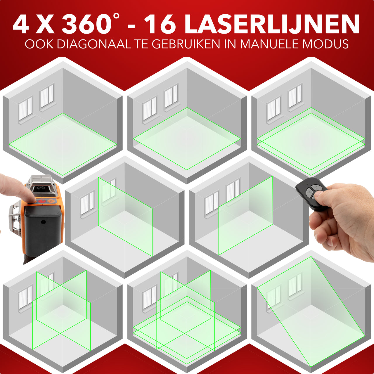 JACKMEND 4D Kreuzlinienlaser mit Stativ 1,45M 4 bis 16 Linien - 50 Meter Messbereich