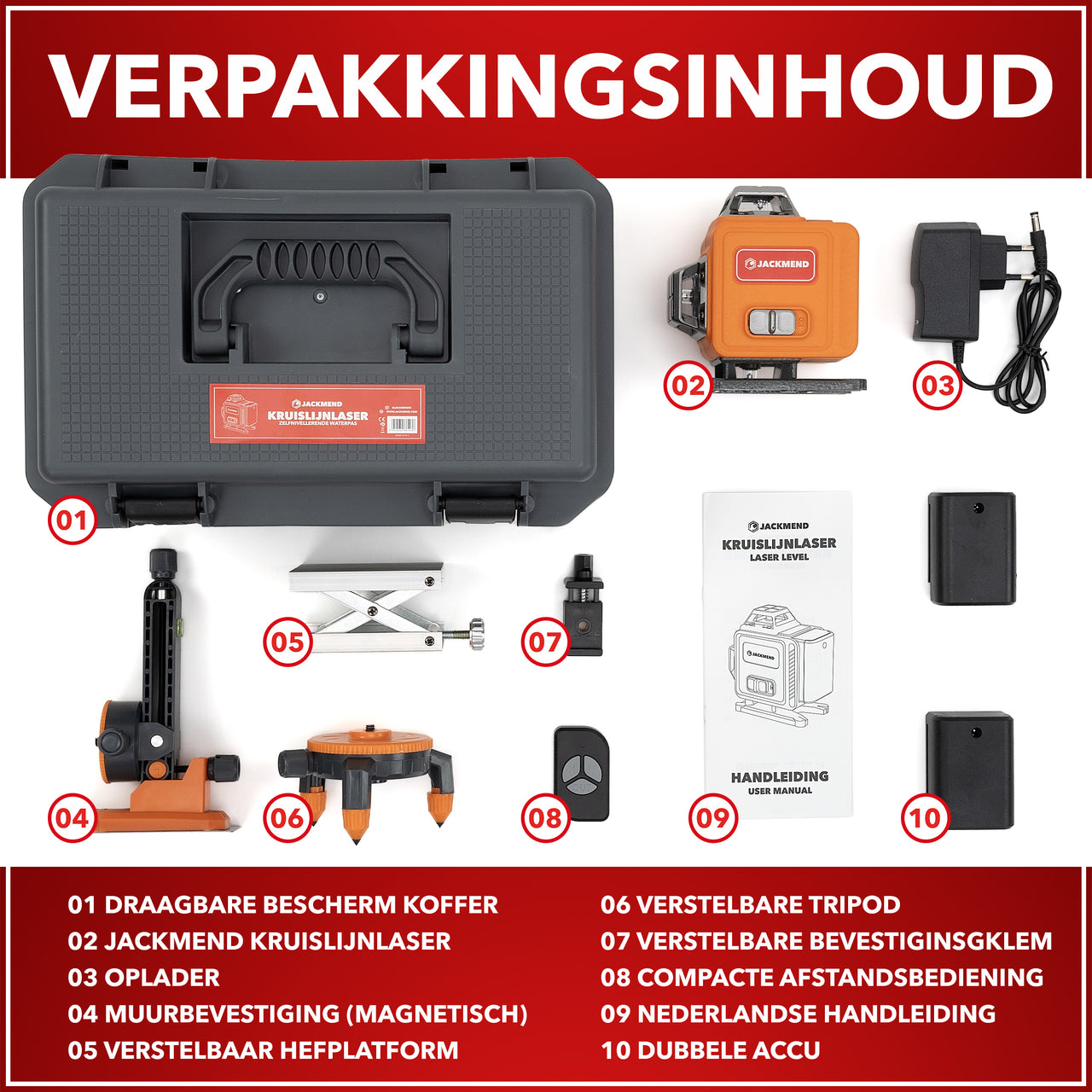 JACKMEND 4D Kreuzlinienlaser mit Stativ 1,45M 4 bis 16 Linien - 50 Meter Messbereich