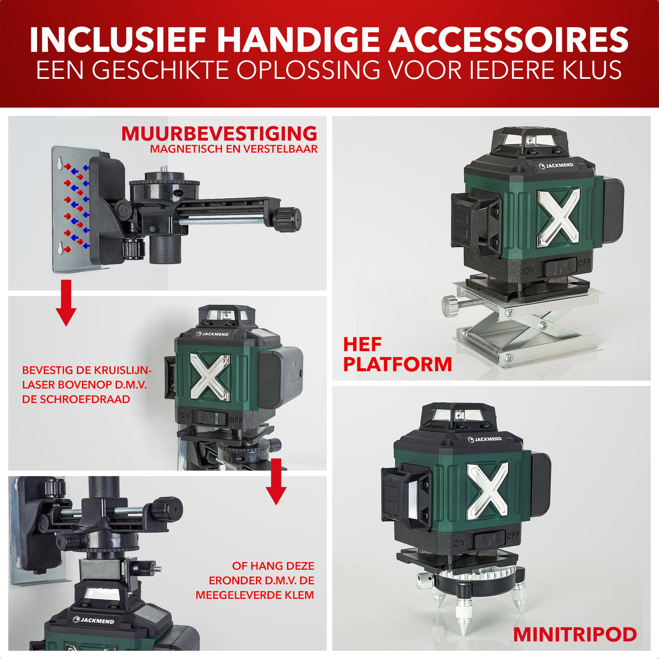 JACKMEND 4D Kreuzlinienlaser mit Stativ 1,45M 4 bis 16 Linien - 50 Meter Messbereich