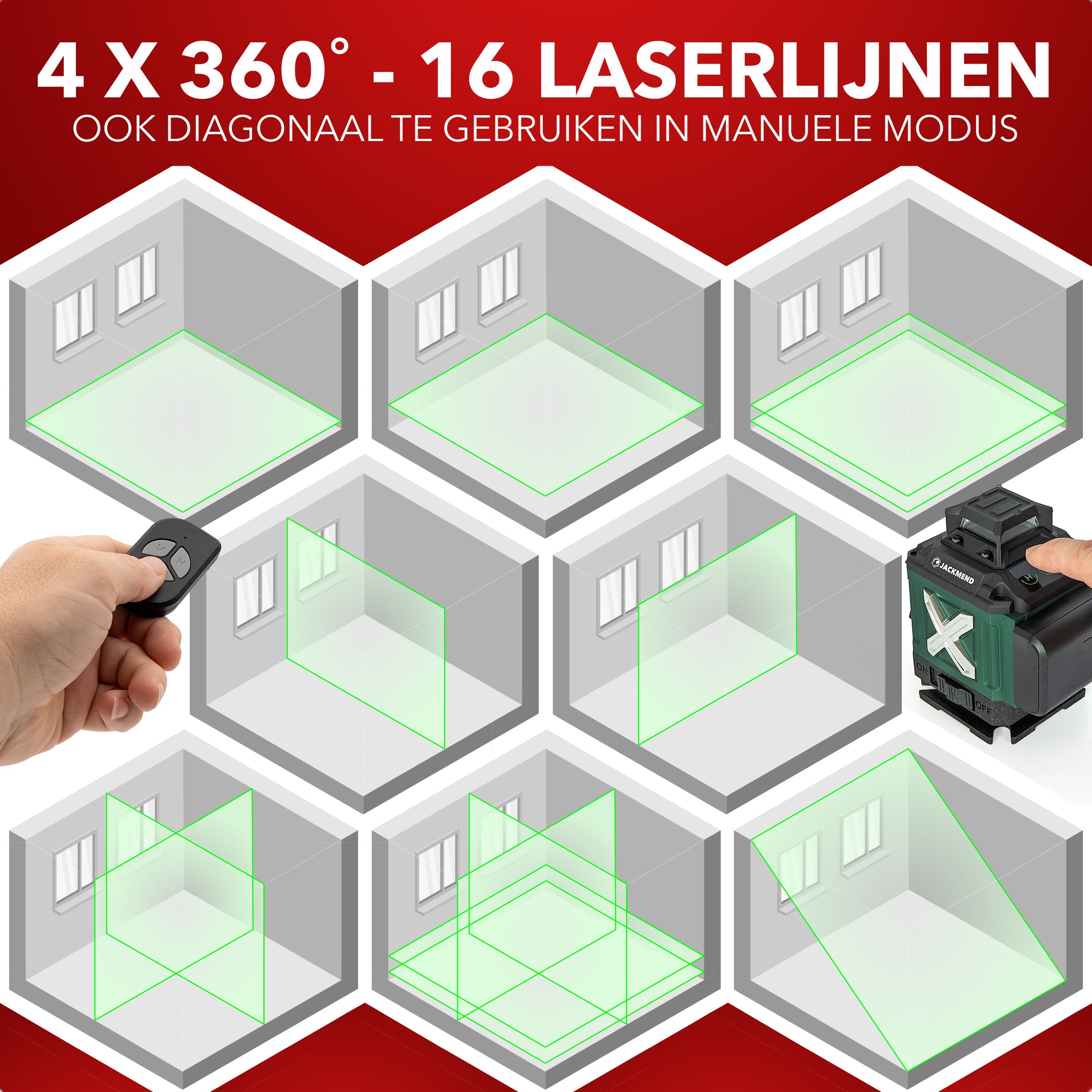 JACKMEND 4D Kreuzlinienlaser 4 bis 16 Linien - 50 Meter Messbereich - 360 Grad