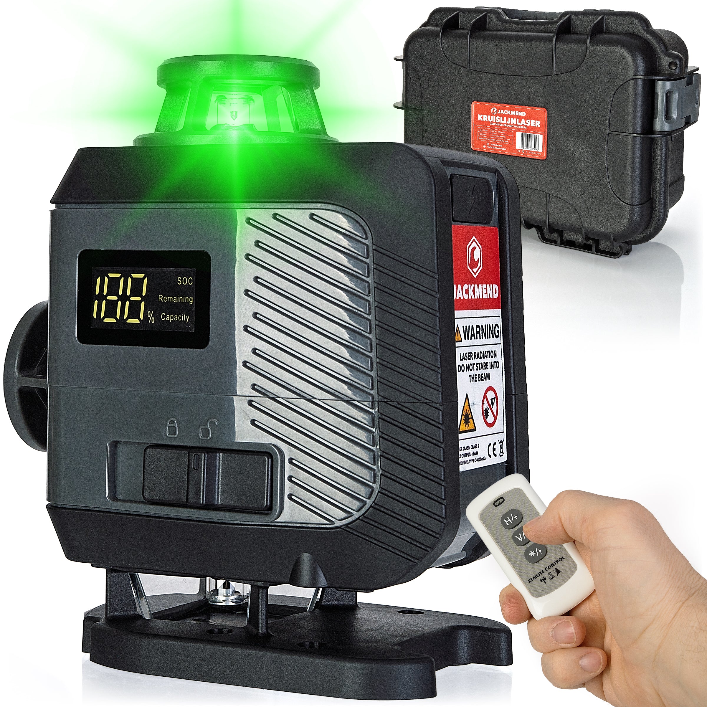 JACKMEND 4D Kreuzlinienlaser USB-C Wiederaufladbar Digitales Display - 50 Meter Messbereich - 16 Linien