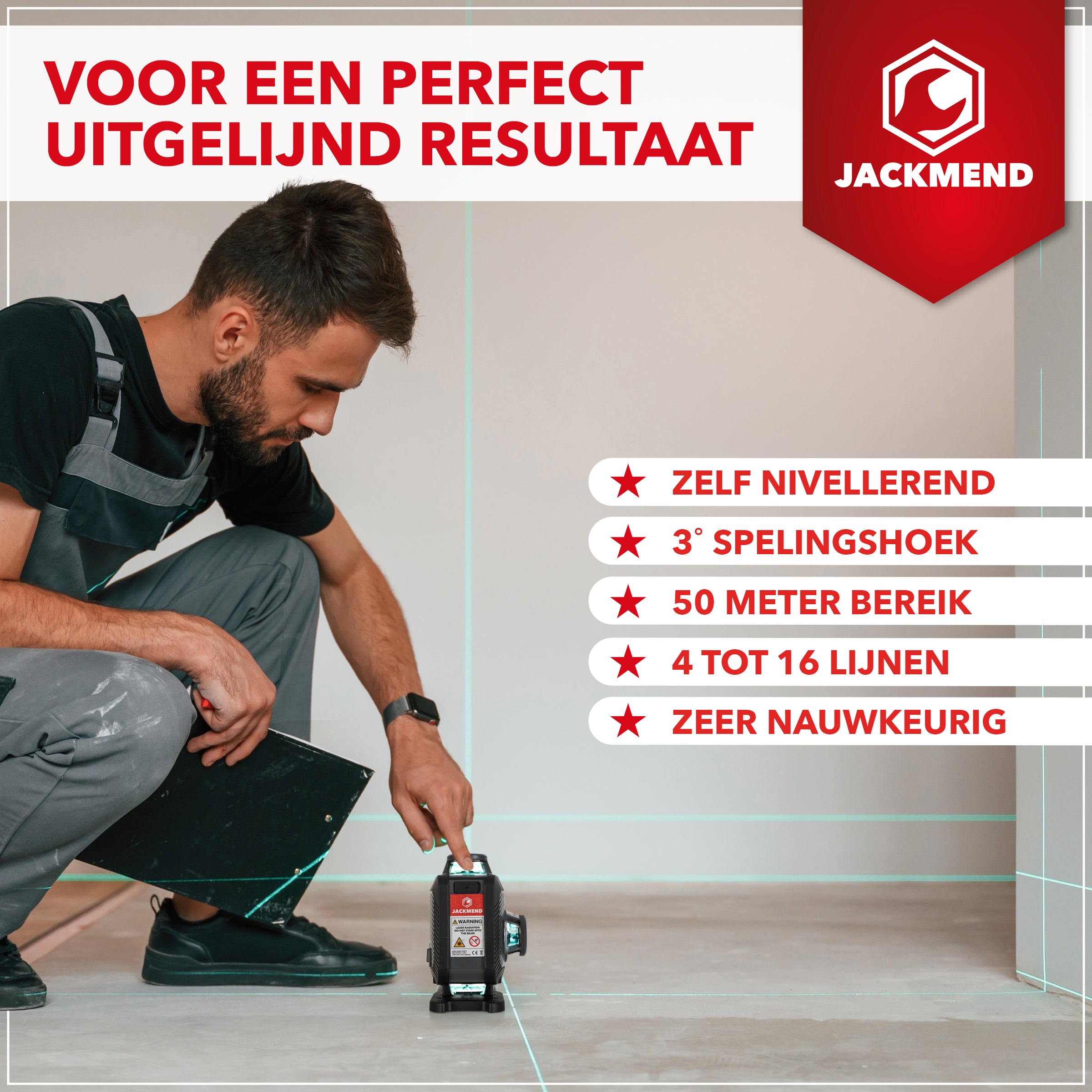 JACKMEND 4D Kreuzlinienlaser USB-C Wiederaufladbar Digitales Display Inklusive Stativ - 50 Meter Messbereich