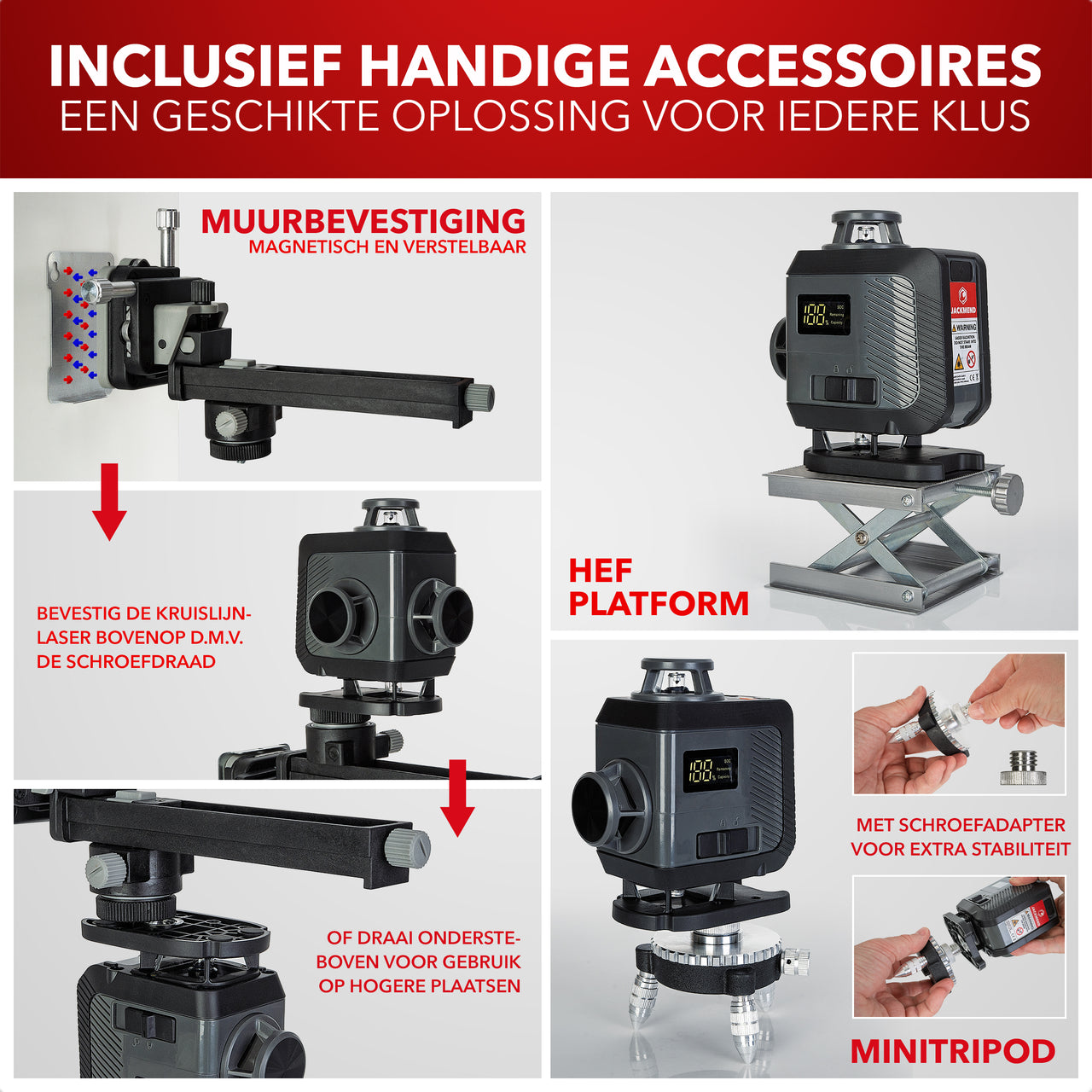 JACKMEND 4D Kreuzlinienlaser USB-C Wiederaufladbar Digitales Display - 50 Meter Messbereich - 16 Linien