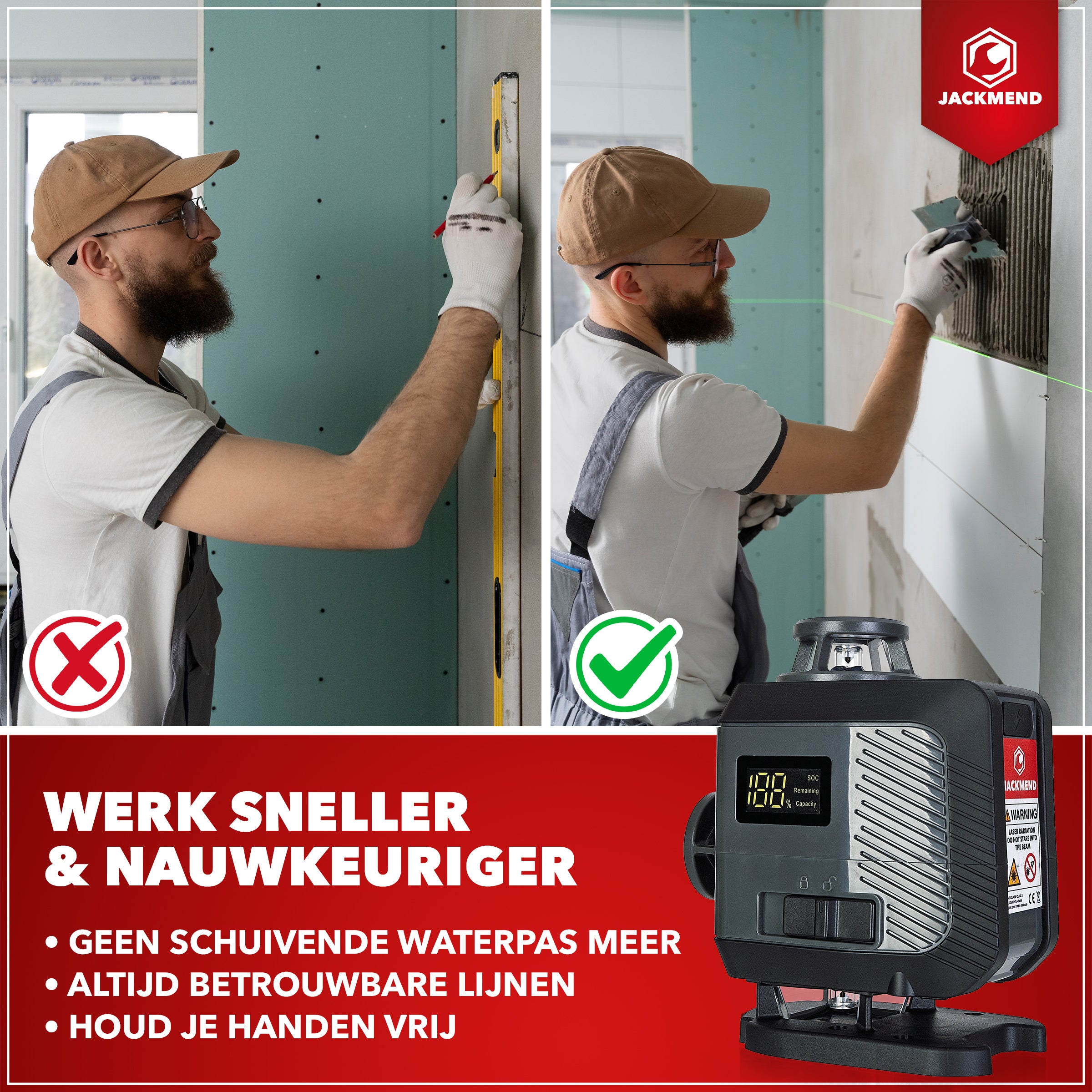 JACKMEND 4D Kreuzlinienlaser USB-C Wiederaufladbar Digitales Display - 50 Meter Messbereich - 16 Linien