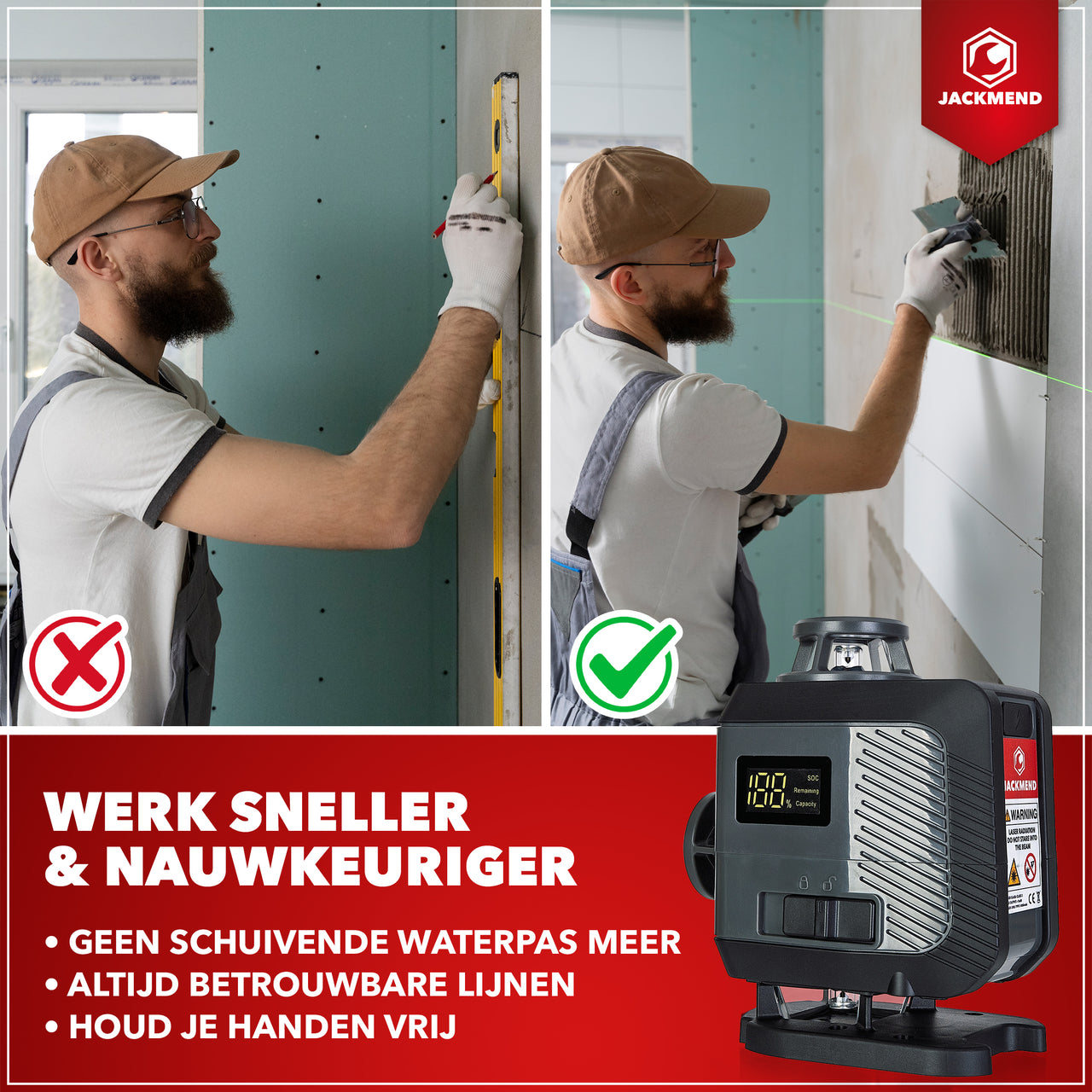 JACKMEND 4D Kreuzlinienlaser USB-C Wiederaufladbar Digitales Display - 50 Meter Messbereich - 16 Linien