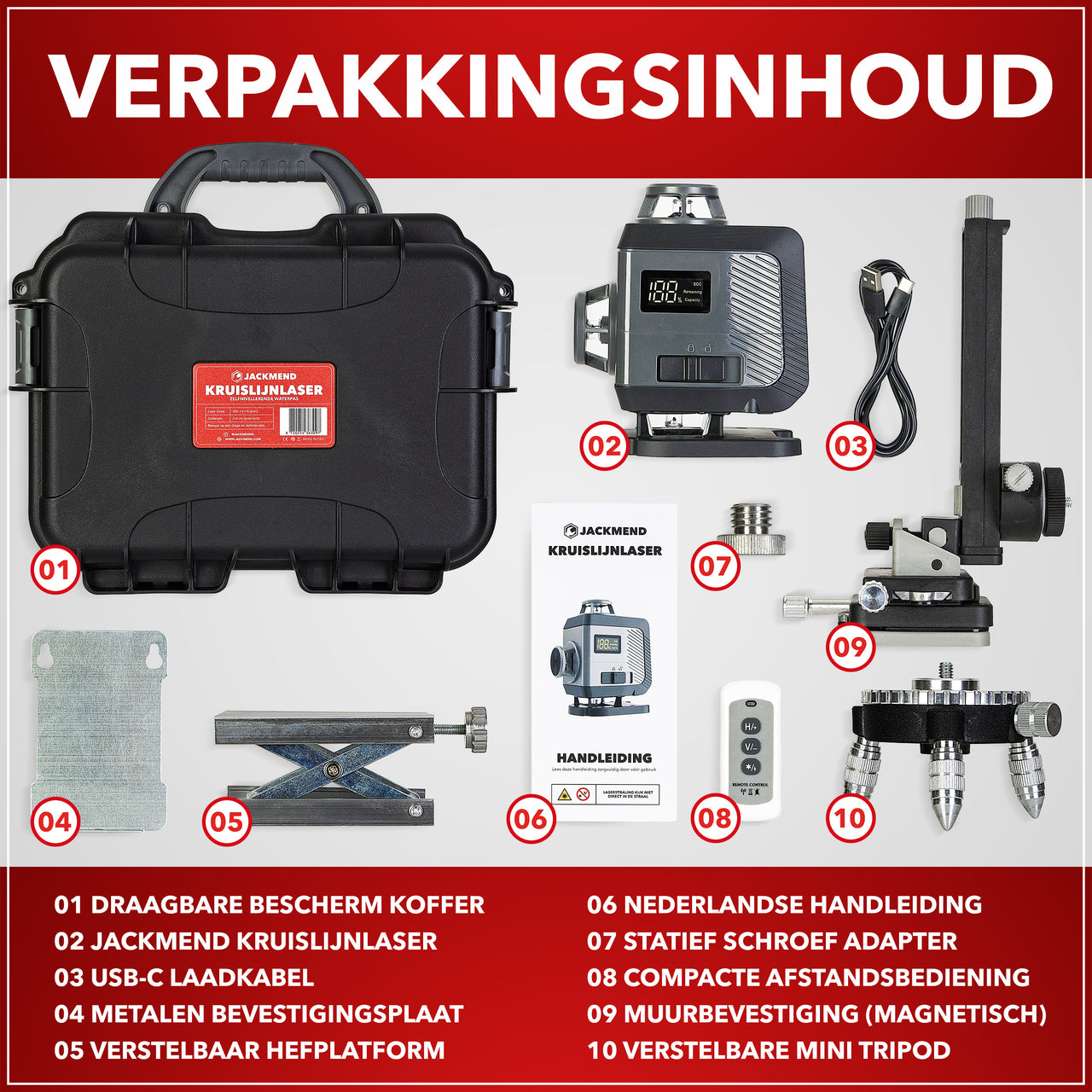 JACKMEND 4D Kreuzlinienlaser USB-C Wiederaufladbar Digitales Display - 50 Meter Messbereich - 16 Linien