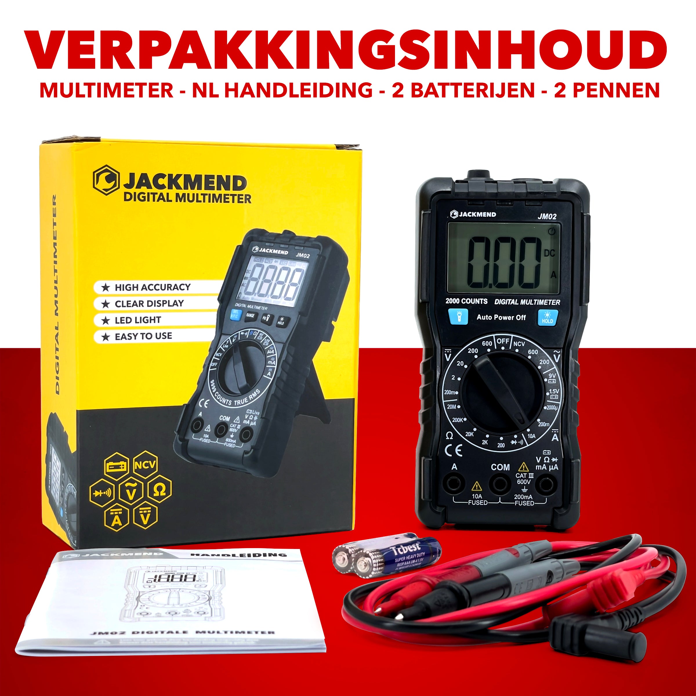JACKMEND Digitale Multimeter - Slimme Spanningsmeter met LED zaklamp - AC / DC Voltage Meter - Voltmeter - Multi Volt Meter