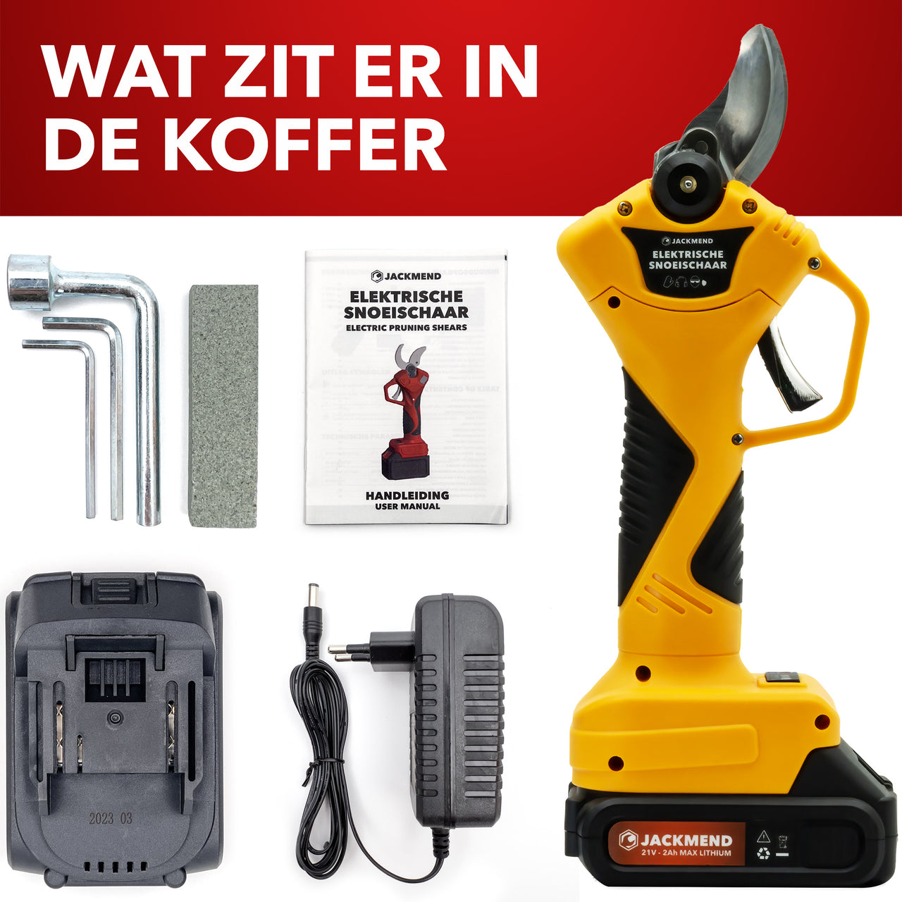 JACKMEND Elektrische Astschere inkl. Aufbewahrungskoffer und 2 Akkus - 35mm Schnittdurchmesser