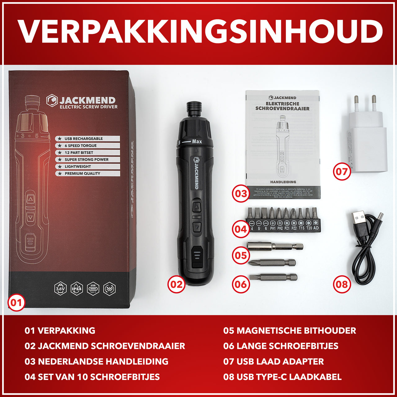 JACKMEND Akku-Schraubmaschine inklusive 13-teiligem Bit-Set und 3,6V 360RPM Motor