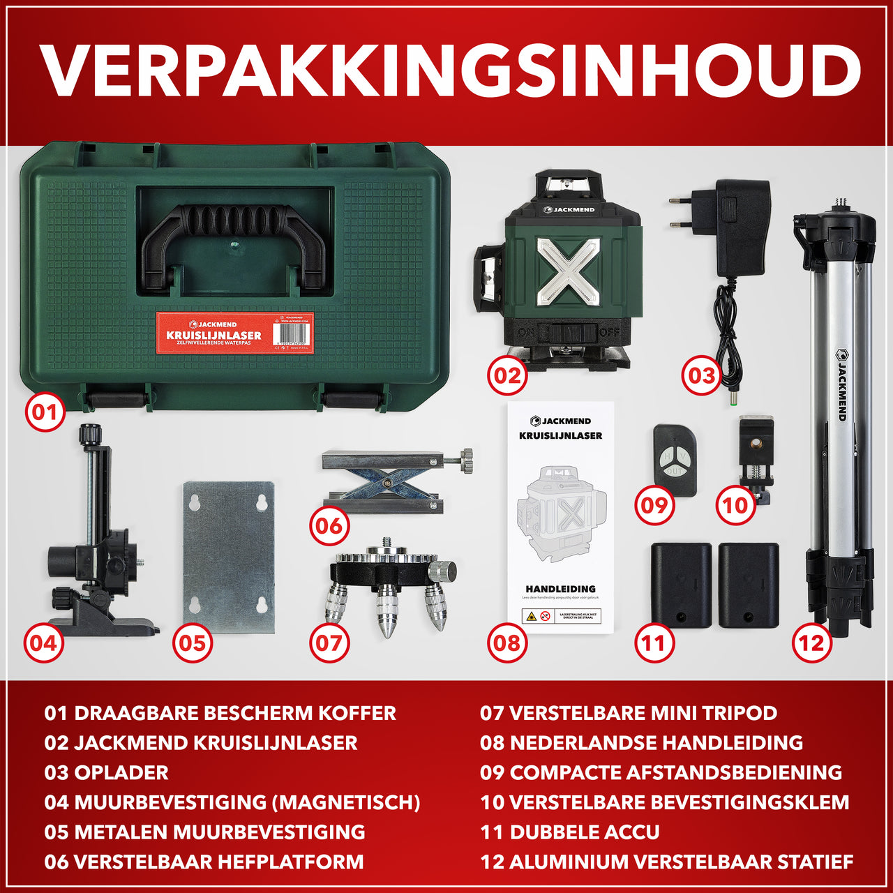 JACKMEND 4D Kreuzlinienlaser mit Stativ 1,45M 4 bis 16 Linien - 50 Meter Messbereich