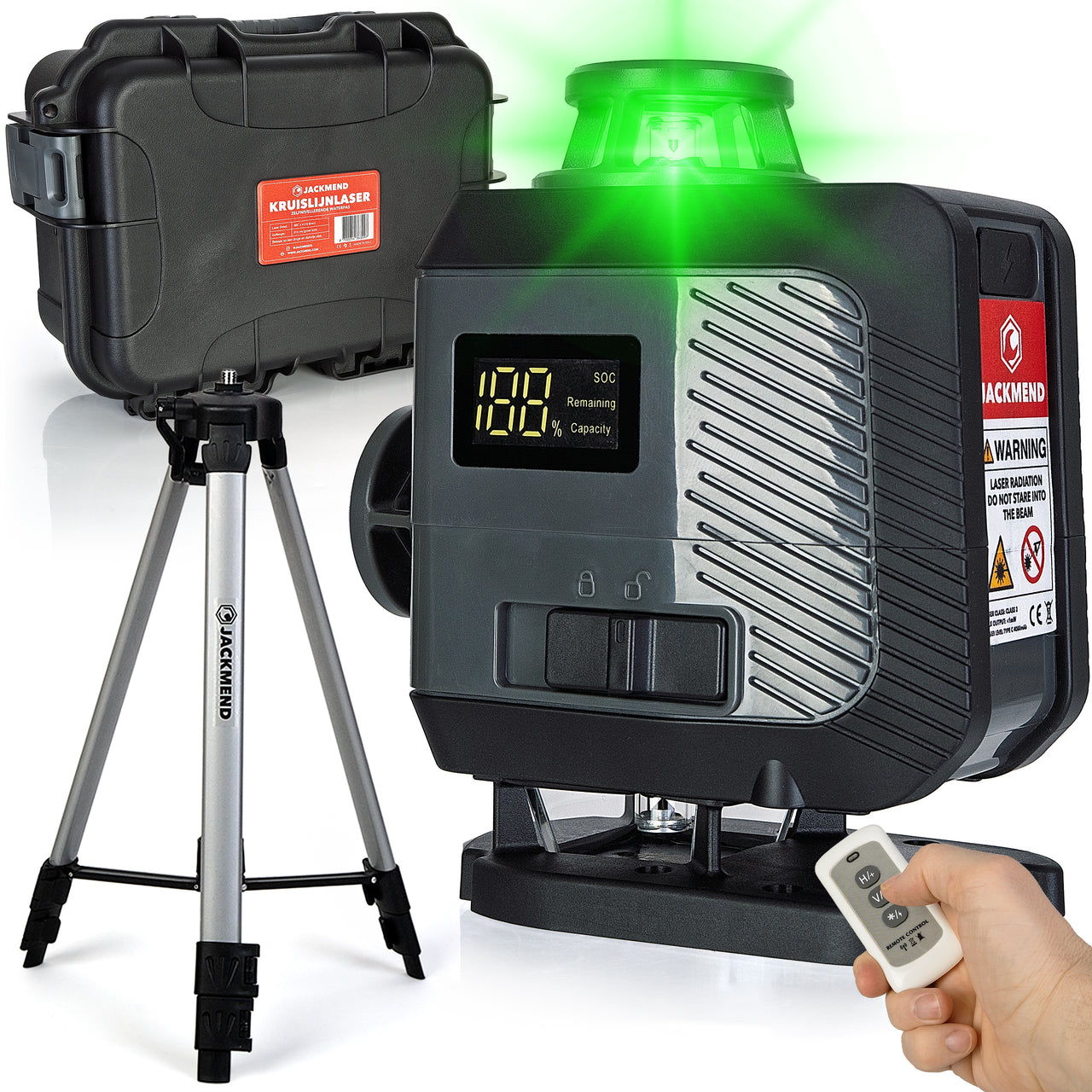 JACKMEND 4D Kreuzlinienlaser USB-C Wiederaufladbar Digitales Display Inklusive Stativ - 50 Meter Messbereich